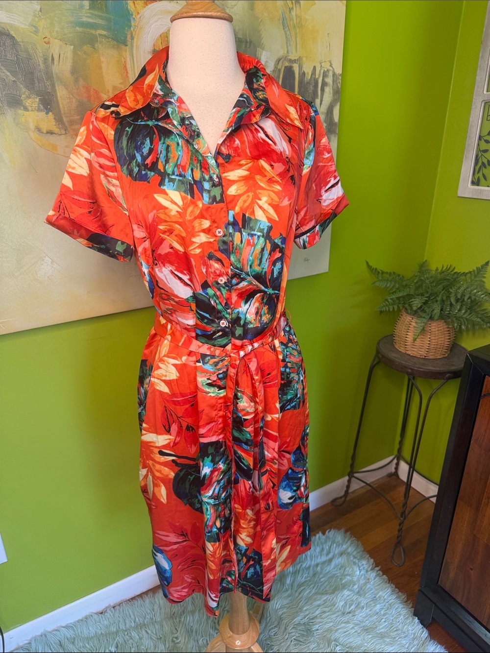 Signature brand Vibrant Red Tropical Button-Front Tie-Waist Dress